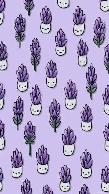 Cute Lavender Wallpaper Download version displaying adorable lavender bud characters arranged in repeating tile pattern over light purple background.