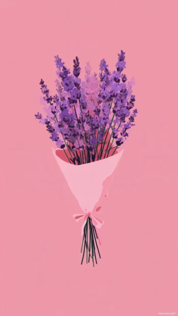 Cute Lavender Wallpapers flat style showing a chibi lavender bouquet on pastel pink background.