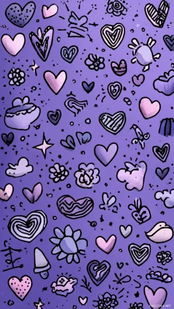Cute Lavender background filled with hand drawn hearts and magical doodles.