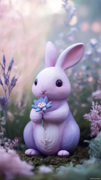 Cute Lavender bunny holding a tiny flower while sitting in a pastel garden.