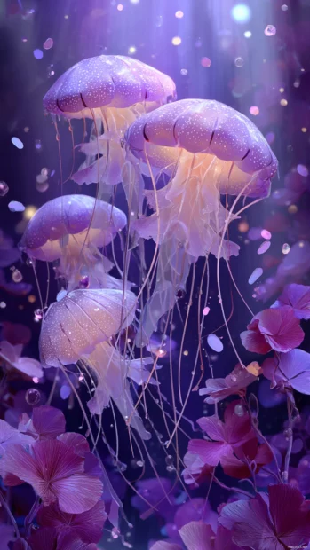 Cute Lavender jellyfish floating peacefully in a magical underwater world.