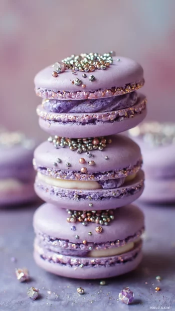 Cute Lavender macarons stacked in a pyramid with glittery sprinkles.