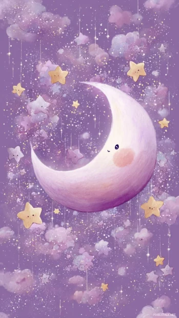Cute Lavender moon surrounded by sparkles and fluffy sleepy stars.