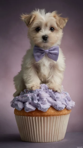 Cute Lavender puppy in a bowtie sitting on top of a giant cupcake.