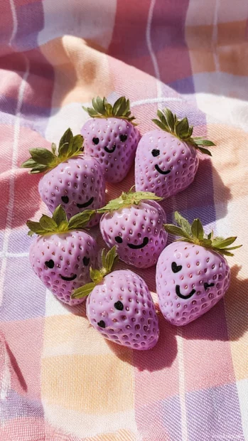 Cute Lavender strawberries with smiley faces on a pastel picnic cloth.