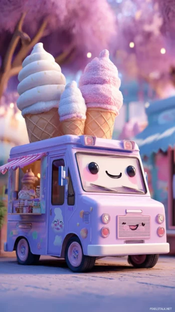 Cute Lavender themed ice cream truck with smiling cones and cotton candy wheels.