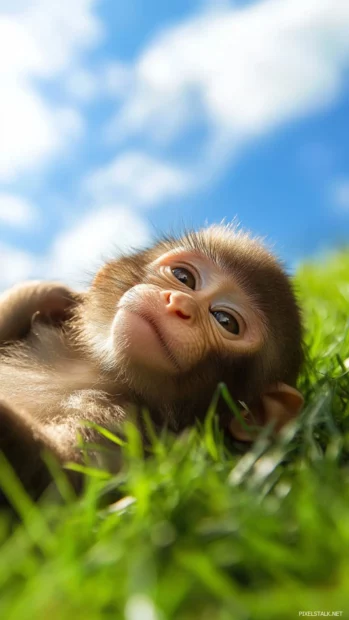 Cute Monkey Wallpaper for iPhone showing a playful baby monkey rolling on soft green grass under a blue sky.