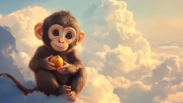 Cute Monkey Wallpaper with adorable baby monkey holding a tiny fruit under pastel cloud.