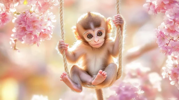 Cute Monkey Wallpaper with adorable baby monkey holding a tiny fruit under pastel clouds.