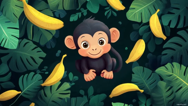Cute Monkey Wallpaper with playful baby monkey surrounded by jungle leaves and banana patterns.