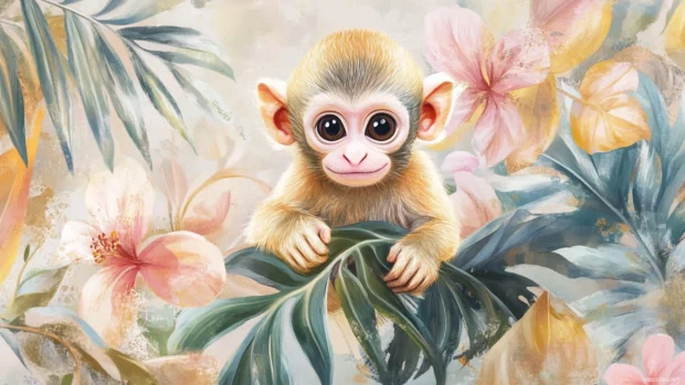 Cute Monkey Wallpaper with sweet baby monkey looking curious among tropical plants and soft colors.