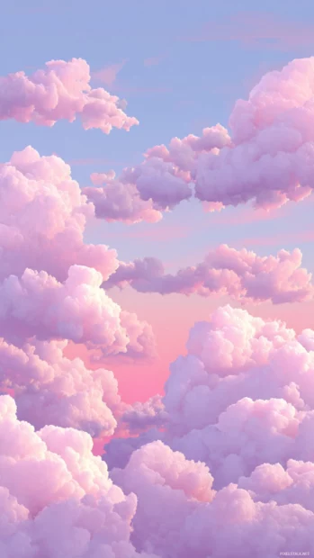 Cute Pastel Lavender Wallpaper featuring kawaii lavender clouds floating across a dreamy pastel gradient sky.
