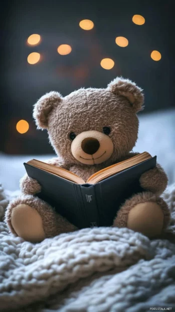 Cute Teddy Bear reading a book with simple soft background.