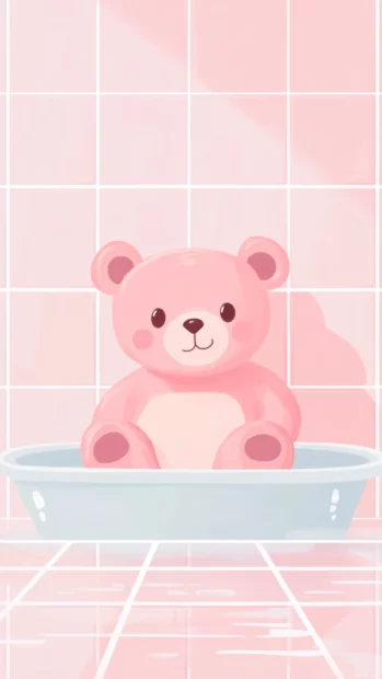 Cute aesthetic bear centered in minimalist tiles with light pink tones.
