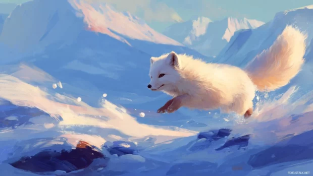 Cute arctic fox wallpaper where a playful fox is jumping into fresh snow with distant icy mountains behind.
