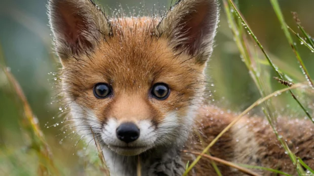 Cute baby fox wallpaper depicting a tender closeup of a newborn fox with sparkling eyes in dewy grass.