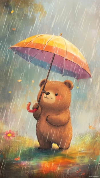 Cute bear background portraying a bear holding an umbrella under a gentle rain with a rainbow in the sky.