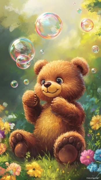 Cute bear blowing bubbles in the garden with clean background.