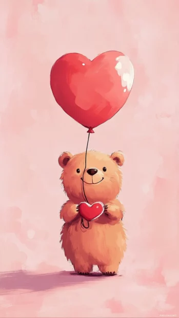 Cute bear iPhone wallpaper illustrating a smiling bear holding a heart shaped balloon against a pink background.