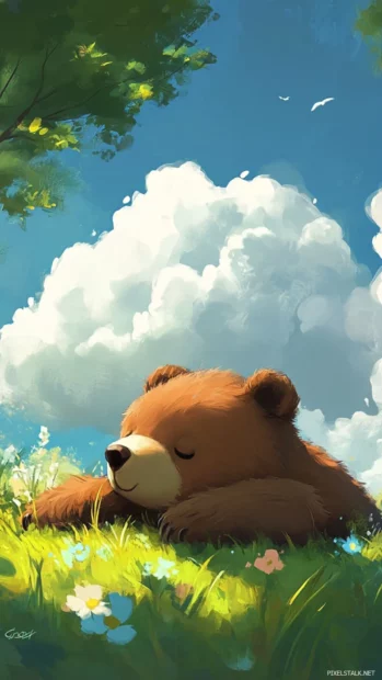 Cute bear lying on the grass cloud gazing.