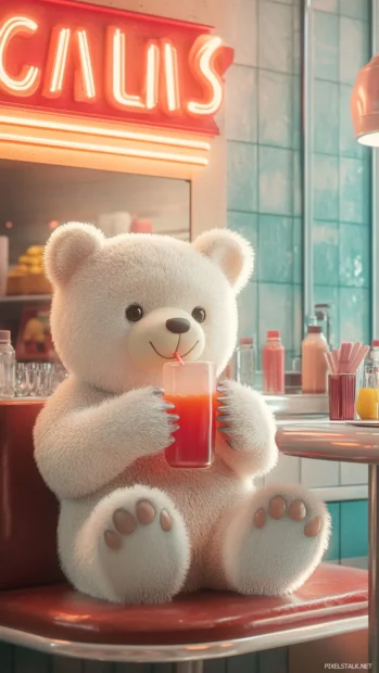 Cute bear sipping juice at a retro diner with simple backdrop.