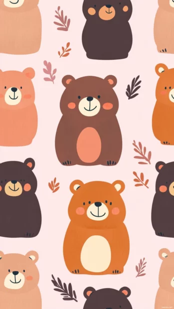 Cute bear wallpaper featuring a repeating tile design of smiling cartoon bears on a pastel pink backdrop.
