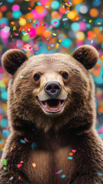 Cute bear wallpaper for iPhone with a smiling bear face and colorful confetti background.