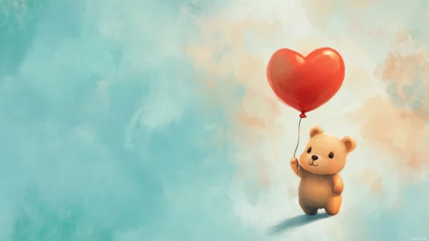 Cute bear wallpaper showcasing a cartoon style bear holding a heart shaped balloon against a pastel background.