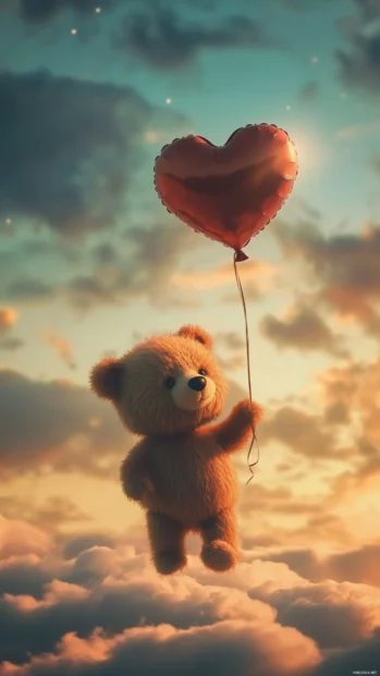 Cute bear wallpaper showing a cool bear holding a heart shaped balloon floating in the sky.