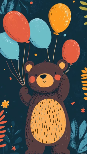 Cute birthday featuring a bear holding balloons.