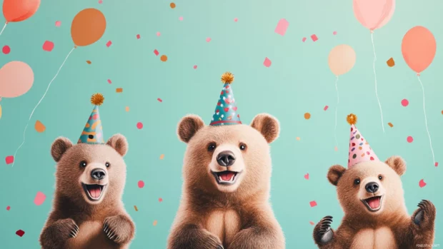Cute birthday wallpaper with illustrated bears and party hats, perfect for kids.