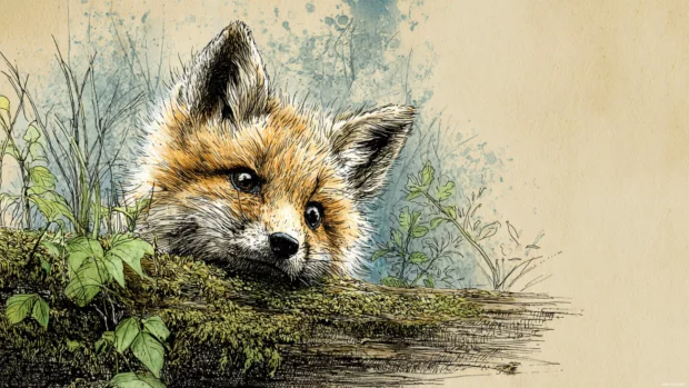 Cute fox 4k wallpaper with intricate watercolor texture highlighting a baby fox peeking over mossy log.