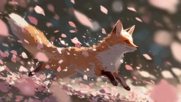 Cute fox anime wallpaper capturing a stylized fox character running through sakura petals in spring breeze.