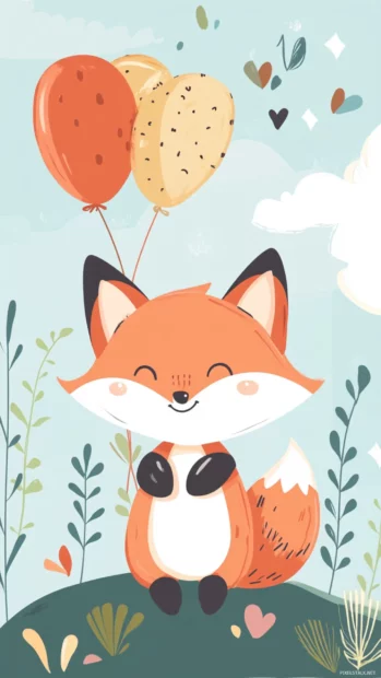Cute fox character birthday with nature background.