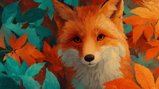 Cute fox desktop wallpaper blending cartoon charm and photorealistic fur details with vibrant autumn leaves.
