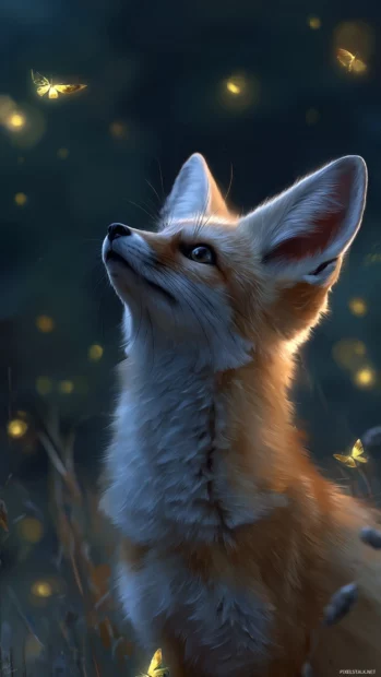 Cute fox phone wallpaper showing an adorable fennec fox gazing up at glowing fireflies in twilight.
