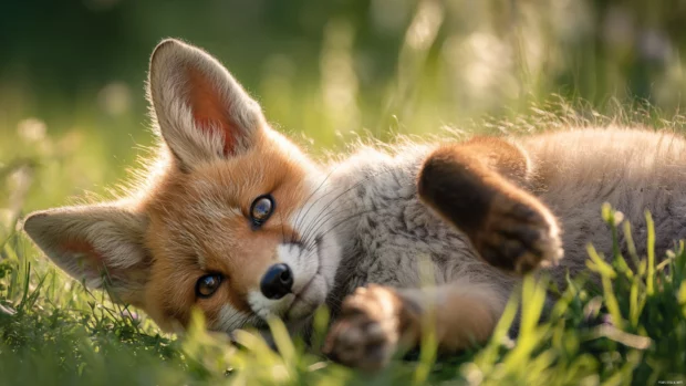 Cute fox wallpaper hd showing a playful fox cub rolling in fresh green meadow under morning sunlight.