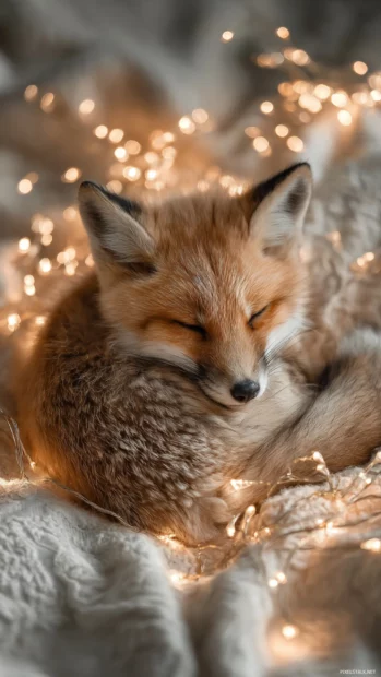 Cute fox wallpaper hd with a baby fox curled beside glowing fairy lights on a soft blanket.