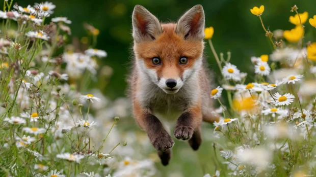 Cute fox wallpaper showing a playful young fox cub leaping through a meadow of buttercups and daisies.