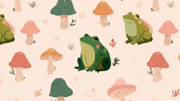 Cute frog aesthetic wallpaper in flat illustration style, pastel tones depicting a stylized frog sitting under mushrooms.