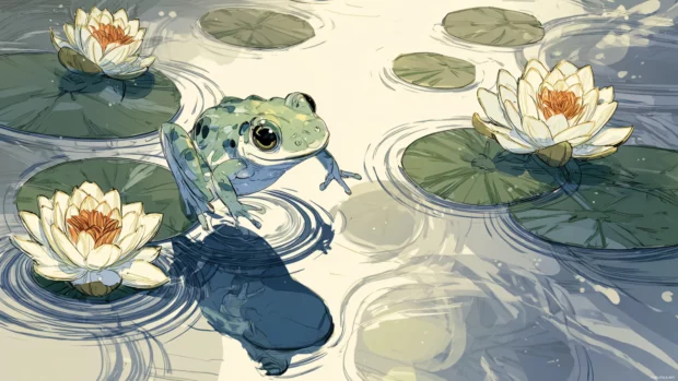 Cute frog desktop wallpaper featuring a playful frog leaping between lily pads in gentle pond ripples at dawn.