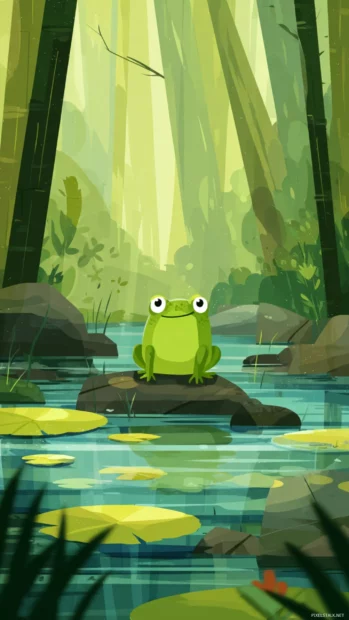 Cute frog illustration wallpaper combining flat cartoon elements and gentle forest pond scenery for mobile screen.