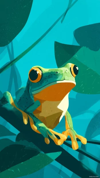 Cute frog illustration wallpaper for mobile featuring a flat vector frog with big expressive eyes and bold color palette.