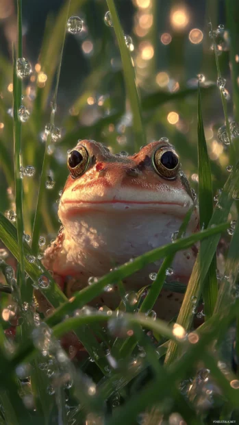 Cute frog phone wallpaper hd with a realistic frog peering through dewy grass and morning light highlights.
