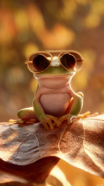 Cute frog phone wallpaper showing a happy frog wearing sunglasses perched on a leaf with warm sunshine filter.