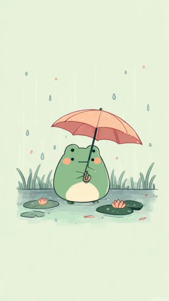 Cute frog phone wallpaper showing a kawaii frog holding a tiny umbrella in rain drops over a flat pastel pond.