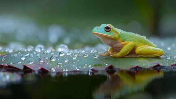 Cute frog wallpaper 4k showing a bright green tree frog on a lily pad with dewdrops reflecting morning sun.