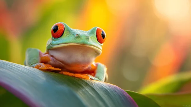 Cute frog wallpaper hd capturing a close up of a smiling frog among vibrant tropical leaves and soft bokeh light.