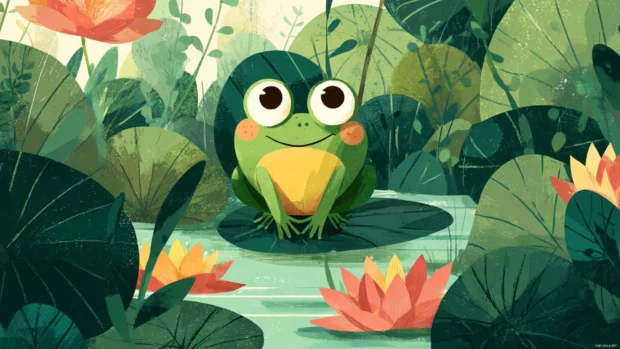 Cute frog wallpaper with a playful cartoon frog jumping between lily pads in flat illustration style.
