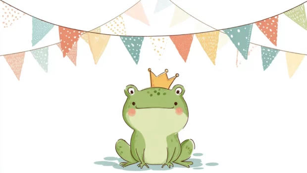 Cute froggy wallpaper cartoon style with a playful frog wearing a tiny crown amid soft pastel bunting flags.